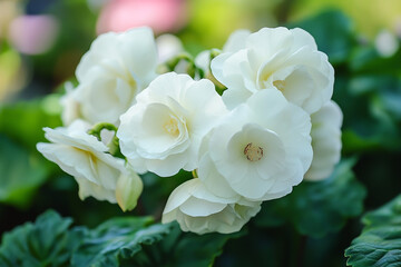 Vibrant white begonia flowers with large flowers and dark stamens in a garden setting