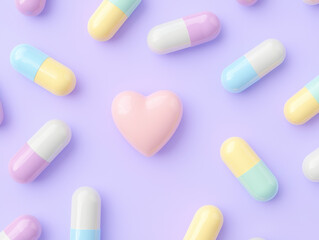 collection of colorful capsules surrounding soft pastel heart on light purple background, creating cheerful and playful atmosphere