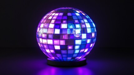 Obraz premium Close-up of a shimmering disco ball with reflective square surfaces emitting vibrant blue and purple hues, centered on a dark reflective surface against a black background, capturing a