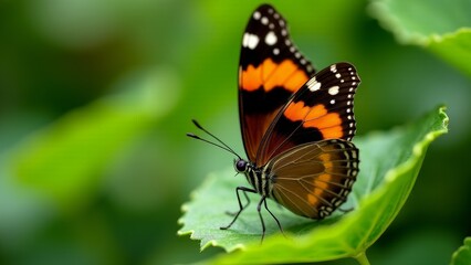 Fototapeta premium American Lady Butterfly On Green Leaf