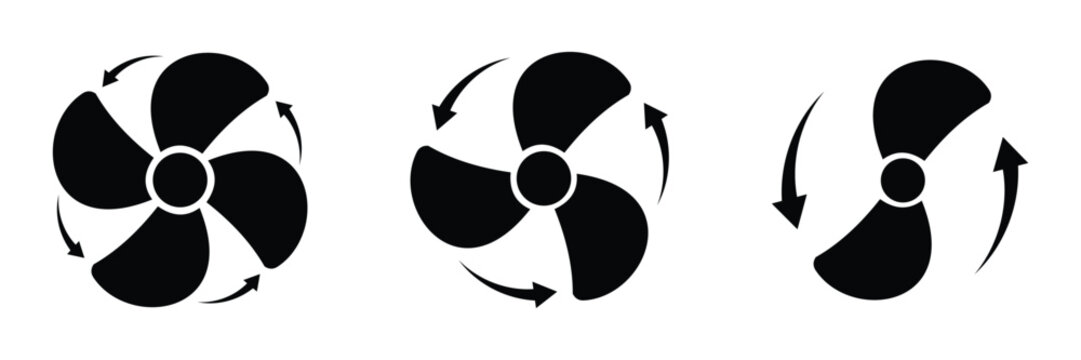 Cooling fan icon set. Modern cooler ventilator silhouette icons, vector symbol website design. Set of  black colour vector illustration flat style. Cooling system fan with rotation arrows symbol.