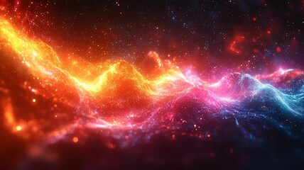 Naklejka premium Vibrant cosmic energy waves in fiery orange, pink, and blue hues, creating a mesmerizing abstract background for digital art and design projects.