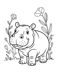 Fototapeta premium Cute Cartoon Hippo Line Drawing Smiling Hippopotamus with Tropical Foliage, Floral Elements, and Playful Character for Children's Coloring Book