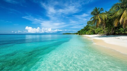 Idyllic tropical beach with turquoise water, white sand, and palm trees under a vibrant blue sky.