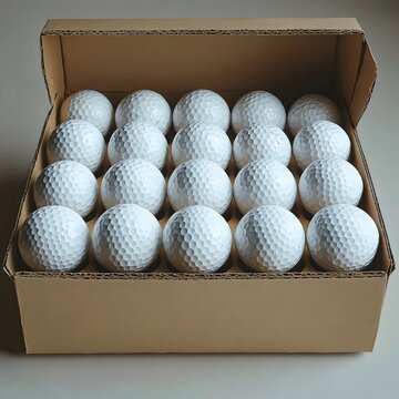a box of golf balls sits ready to play, packed tightly in a cardboard container.