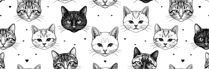 Fototapeta premium Seamless pattern of minimalist hand-drawn cat heads in black and white, seamless, texture, print