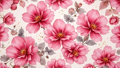 Pink Floral Bloom Pattern, Delicate Watercolor Design, Botanical Texture.