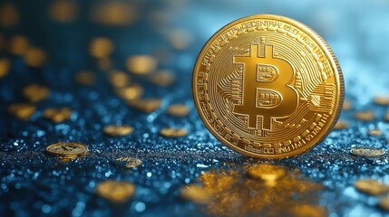 Glossy golden Bitcoin coin shines brightly against a vibrant blue surface, symbolizing digital currency and investment opportunities