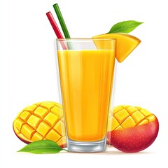 A glass of mango smoothie with visible texture, isolated on a white background, highlighting a tropical drink ,mango juice with mango slice isolated on white background