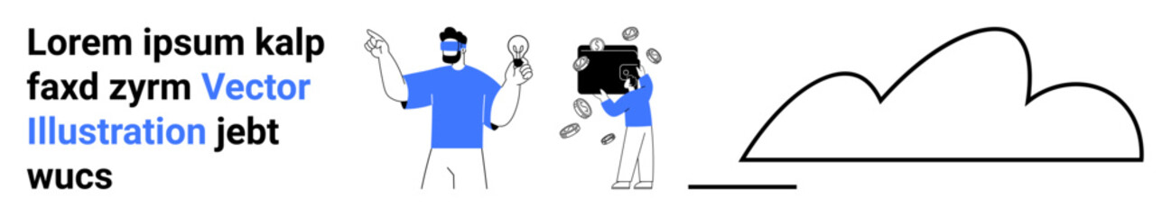 Characters engaging with camera, playful coins, clean cloud and text. Ideal for creativity, tech, teamwork, startups, innovation, education casual visuals simple landing page