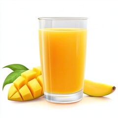 A glass of mango smoothie with visible texture, isolated on a white background, highlighting a tropical drink ,mango juice with mango slice isolated on white background