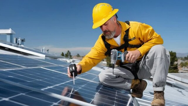 Solar Panel Technician at Work: A focused technician, clad in a yellow uniform, expertly installs solar panels on a rooftop. A clear, blue sky stretches above.