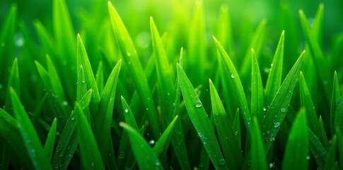 Obraz premium Seamless pattern of lush green grass blades with dew drops, Foliage, Background, Nature