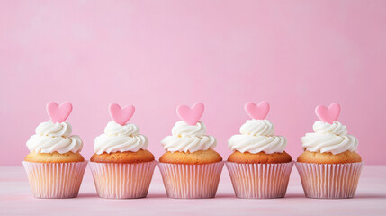 Delightful cupcakes with swirls of creamy frosting and heart shaped toppers create charming dessert scene against soft pink background, evoking feelings of joy and celebration
