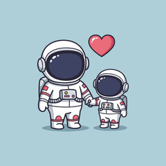 Parent and Child Astronaut Holding Hands Cartoon