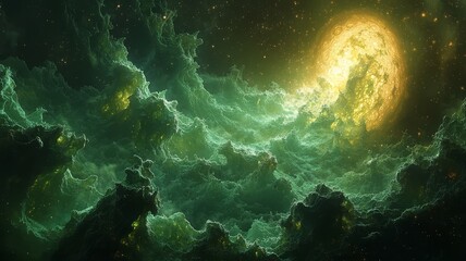 Obraz premium Vibrant cosmic landscape featuring swirling green clouds illuminated by a radiant golden sun, evoking a sense of wonder and exploration in the universe.