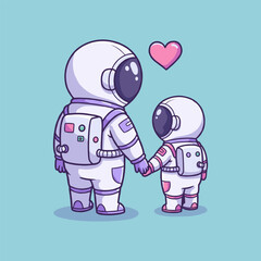 Cute Parent and Child Astronauts Holding Hands Cartoon