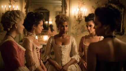 Several women in elegant gowns gather inside a vintage room with floral wallpaper and ornate wall sconces, exuding an air of refinement and anticipation.