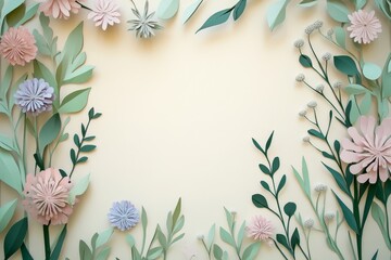Pastel-toned paper flowers and leaves create a delicate frame.