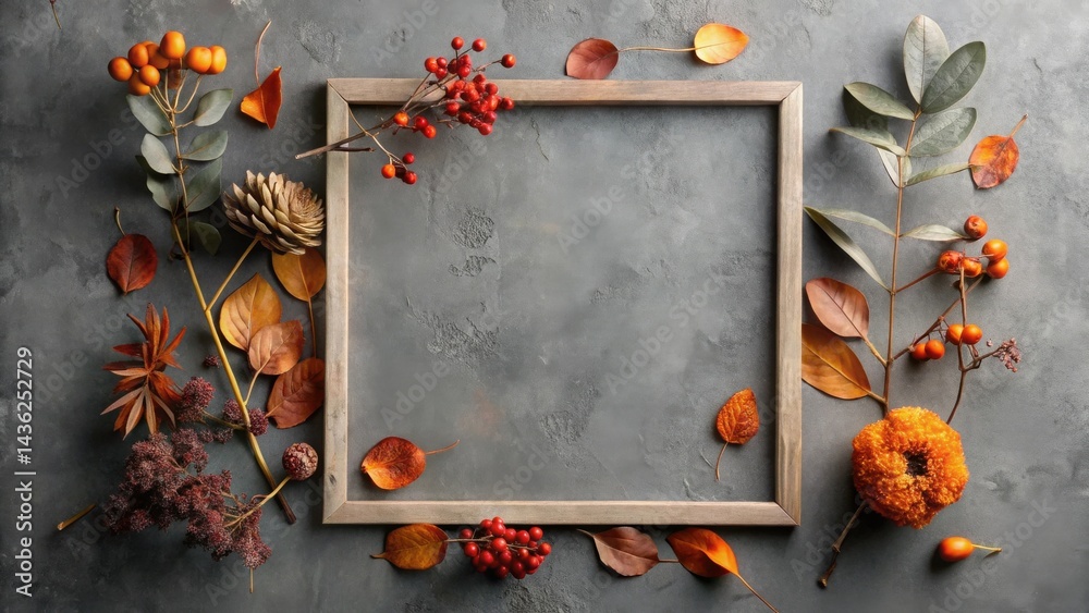 Poster autumnal frame with dried flowers and leaves on a textured surface