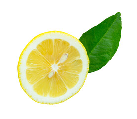 Front view of ripe yellow lemon fruit in slice in one circle with green leaf isolated in png file...