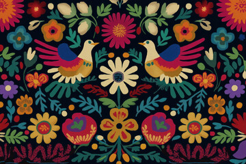 Fototapeta premium vibrant otomi embroidery pattern with traditional mexican birds and flowers on dark background folk art textile design