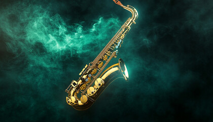 Naklejka premium Golden sax ophone on dark background with green