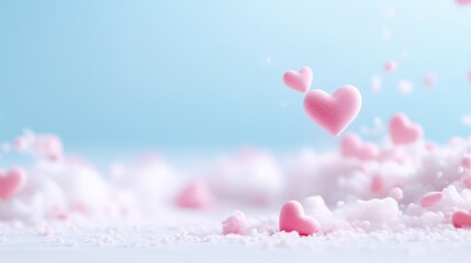 Delicate pink hearts floating amidst soft, white clouds.  A gentle, romantic scene