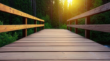 A wooden bridge crossing a peaceful river deep in the European forest, bathed in warm, golden sunlight