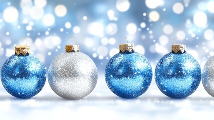 Fototapeta premium Festive Ornament Display: An elegant display of blue and silver ornaments, sparkling against a soft, bokeh background, celebrating the holiday spirit and festive cheer.