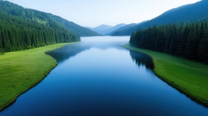 Fototapeta premium A misty morning in the European countryside, a crystalclear river flowing between towering pines and rolling green hills