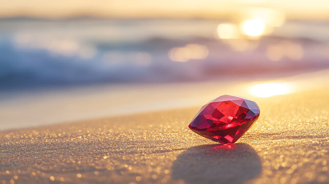 Gleaming ruby placed delicately on a beach of golden sand with gentle ocean waves in the background 