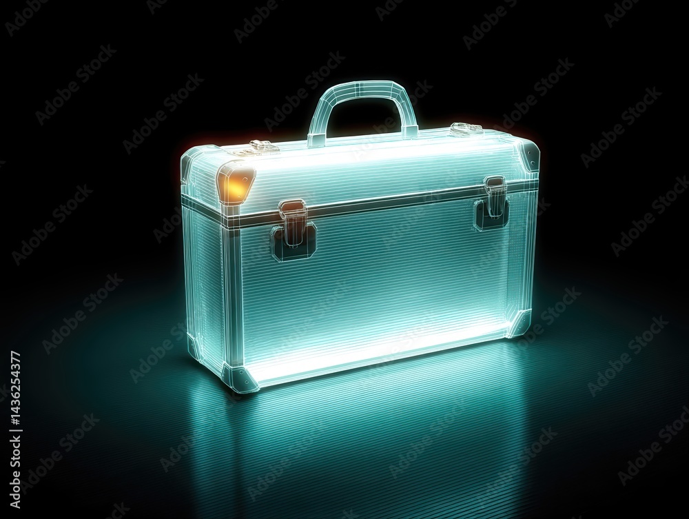 Poster glowing suitcase embodies the essence of journeys and fragility in a dark environment