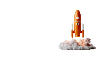 Orange Rocket Launching: A vibrant orange toy rocket blasts off from a small cloud of smoke, symbolizing new beginnings and ambitious endeavors.