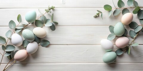 Obraz premium Pastel Eggs and Greenery on White Wood Background A Festive Spring Arrangement