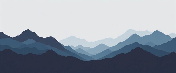 A minimalist digital illustration featuring a landscape of mountain silhouettes. The style is characterized by a clean, vector-like appearance with smooth gradients.
