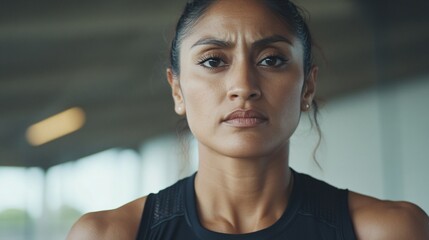 Focused athlete in gym, determined woman preparing for workout, modern fitness environment, motivational energy with copy-space.