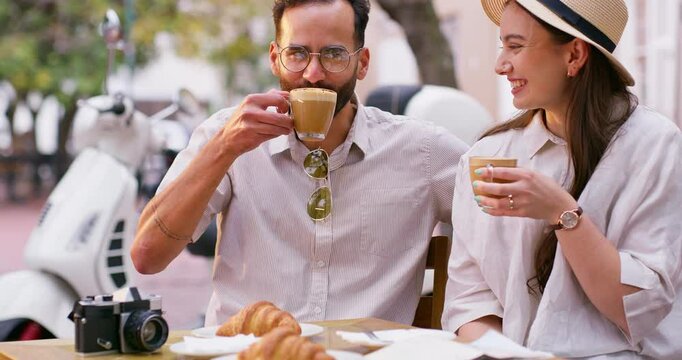 Coffee date, couple and cafe, laugh and joke for bonding at outdoor table for holiday. Man, woman and drink with relax, communication and talk with love, care and restaurant conversation for travel