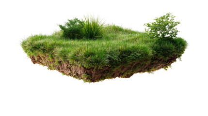 Fototapeta premium Floating Island of Life: A lush patch of grass, soil, and small plants floats serenely in space, a symbol of untouched nature and vibrant life.