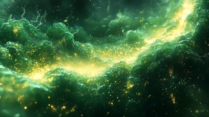 Fototapeta premium Vibrant green cosmic nebula with sparkling golden stars, creating a mesmerizing celestial landscape perfect for sci-fi and fantasy themes.