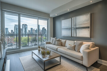 A modern living room with a dark gray wall and neutral sofa offering comfort and style in a bright, bold space