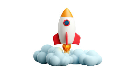 Rocket Launch: A stylized 3D render of a rocket launching from a cloud, symbolizing new beginnings, innovation, and rapid growth.