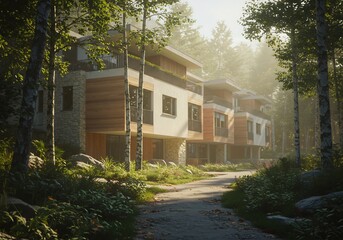 朝の光輝く森の住宅街 静かな佇まい