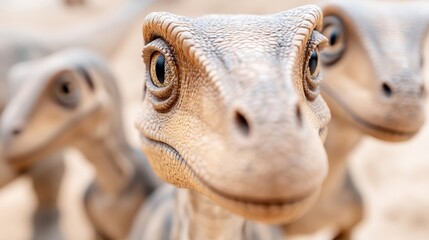 Fototapeta premium Delightful dinosaurs curiously gaze into the camera, showcasing their playful nature from below