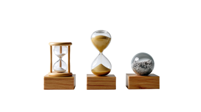 Timekeeping Trio: Three unique hourglass and sand timer variations sit on wooden bases, symbolizing the passage of time and the fleeting nature of moments.
