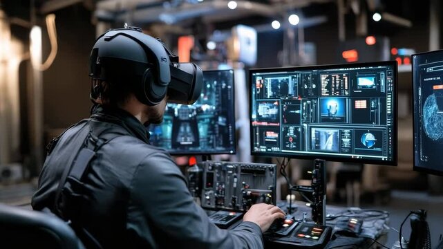 A man wearing a virtual reality headset, sitting in front of monitors with data screens, a drone operator, or the concept of covert military surveillance