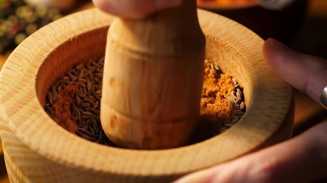 Close-Up of a Skilled Hand Grinding Fresh Cumin Seeds in a Traditional Wooden Mortar Using a Pestle, Showcasing Culinary Craftsmanship in Spices Preparation