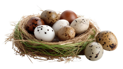 Obraz premium Bird Eggs in Nest: A rustic bird's nest brimming with speckled eggs of varying shades of brown and white, nestled amidst blades of grass.