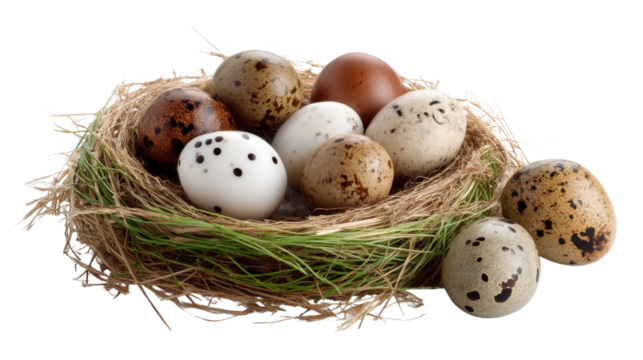 Bird Eggs in Nest: A rustic bird's nest brimming with speckled eggs of varying shades of brown and white, nestled amidst blades of grass.