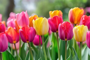 Obraz premium Bright tulip blossoms for cheerful spring events and floral decorations
